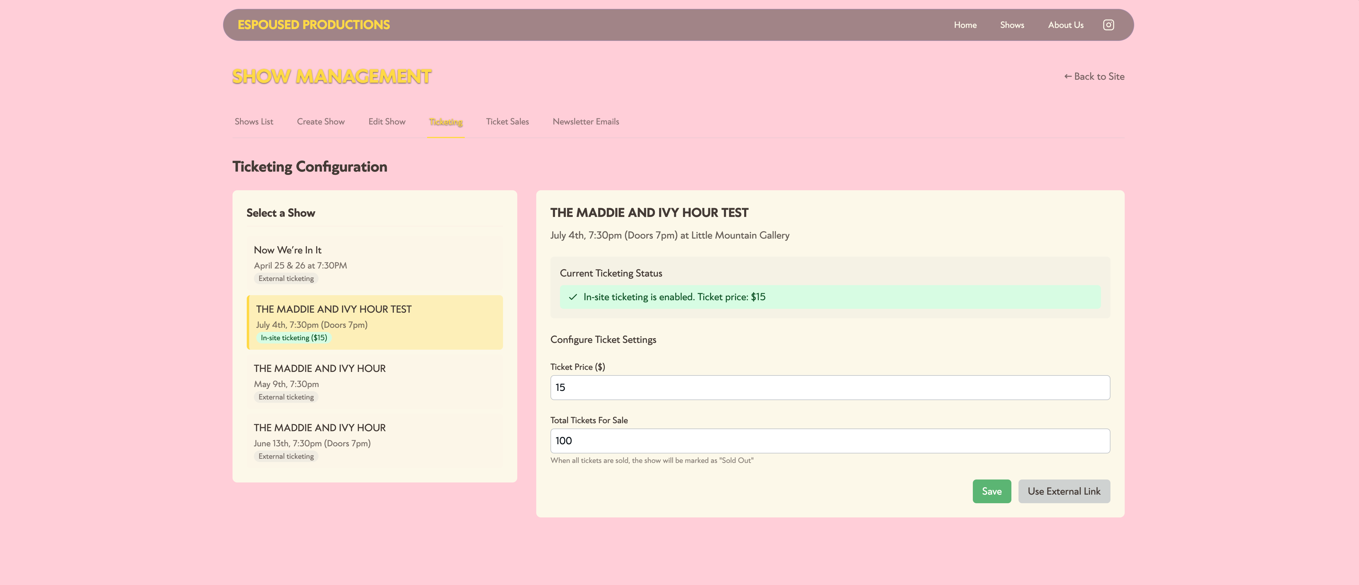 Espoused Productions ticketing configuration
